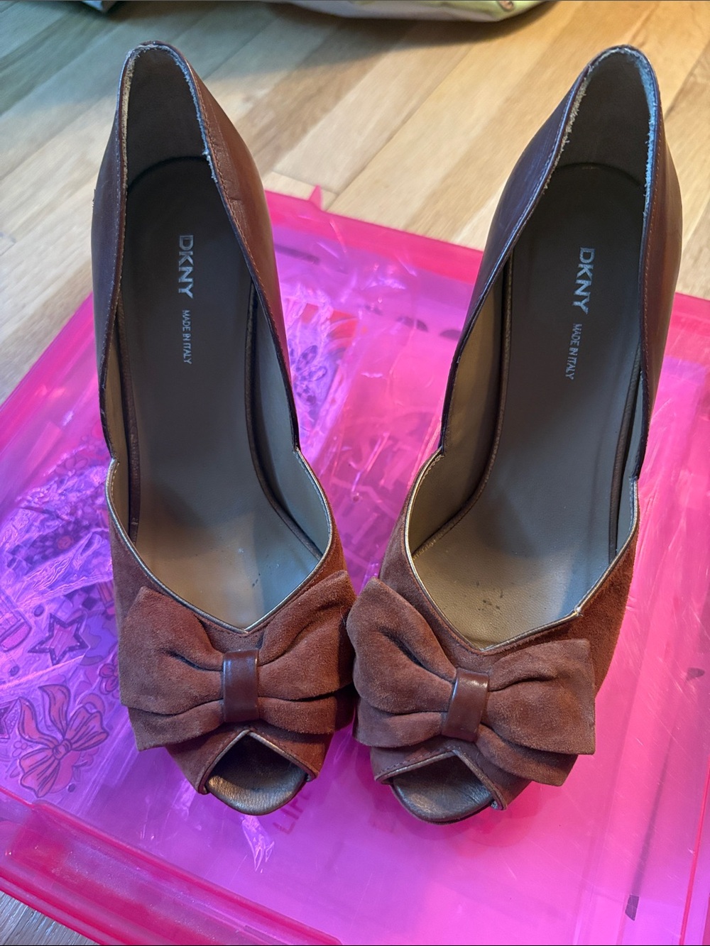 DKNY Brown Suede Peep-Toe Bow Pumps